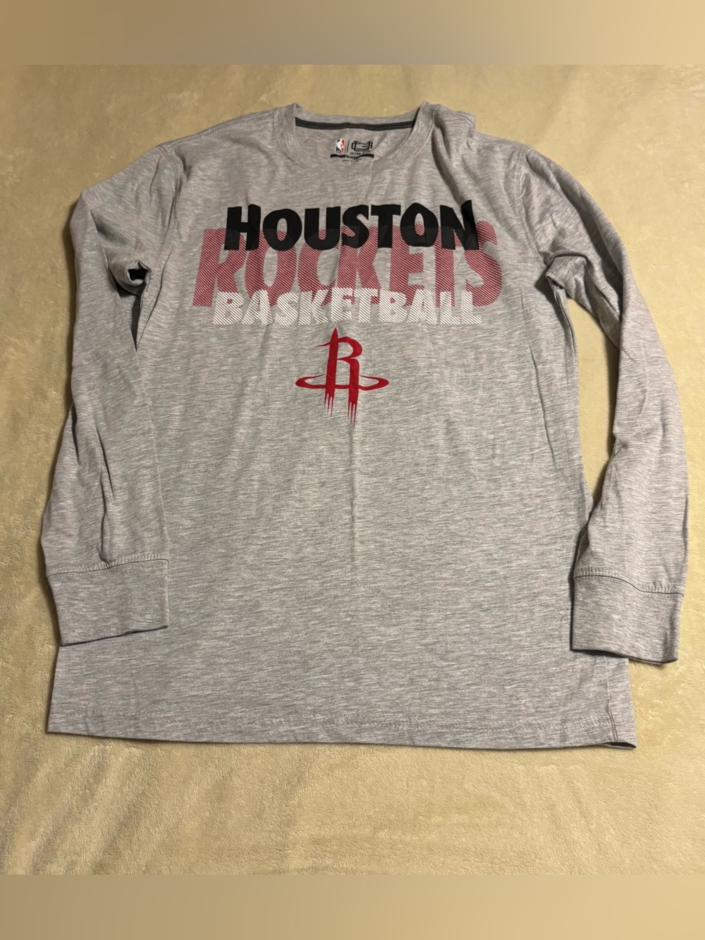 NBA Houston Rockets Heather Gray Long Sleeve Tee with Red & Black Graphics